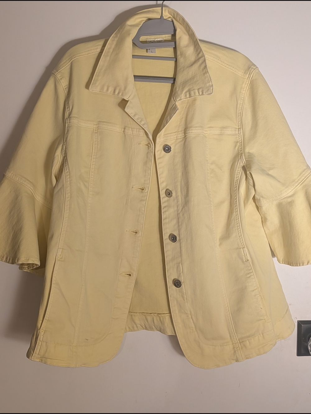 Light Yellow Women's Jean Jacket with Flared Ruffle Sleeves - Picture 3 of 9